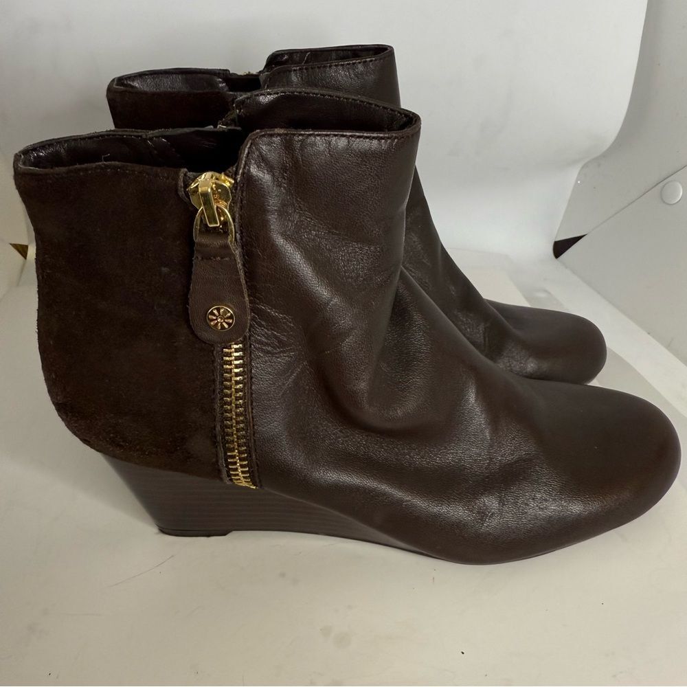 Brown Leather & Suede double zip Ankle Boots wedge JL  size 6.5 Issac Mizrah